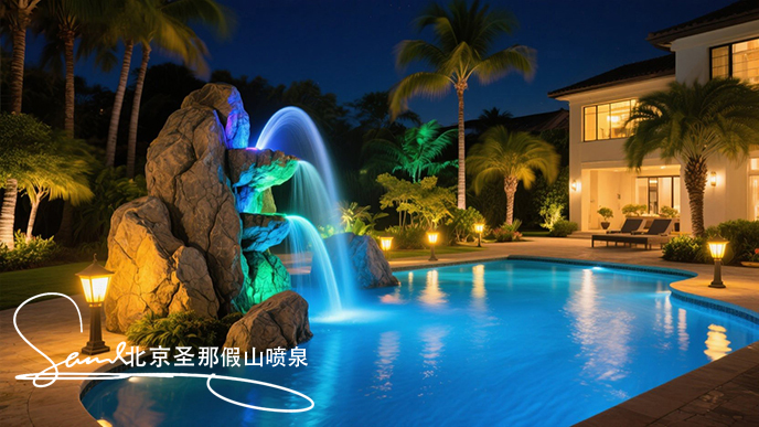 jimeng-2025-06-20-1711-這是一處夜間的庭院水景景觀。畫面中心是一座以大塊仿真巖石打造的噴泉，巖石表面紋理....jpeg