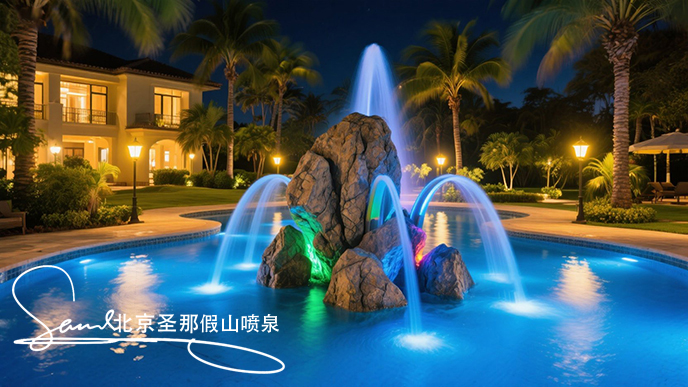 jimeng-2025-06-20-4244-這是一處夜間的公園水景景觀。畫面中心是一座以大塊仿真巖石打造的噴泉，巖石表面紋理....jpeg