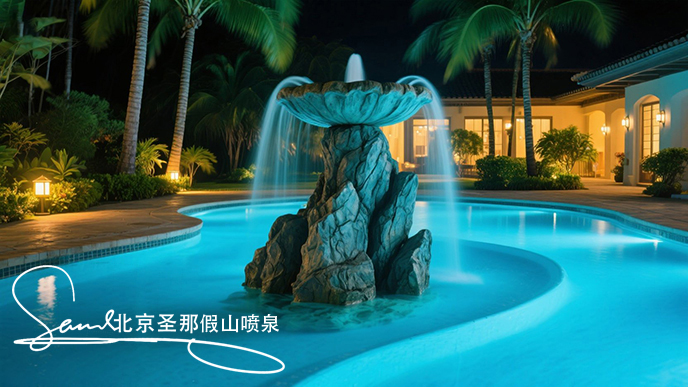 jimeng-2025-06-20-4246-這是一處夜間的庭院水景景觀。畫面中心是一座以大塊仿真巖石打造的噴泉，巖石表面紋理....jpeg