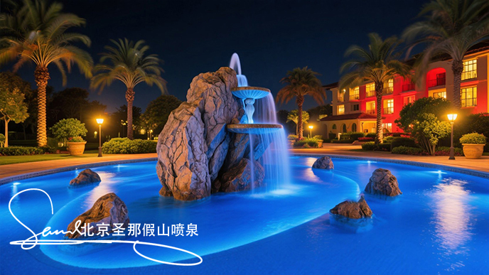 jimeng-2025-06-20-8439-這是一處夜間的公園廣場水景景觀。畫面中心是一座以大塊仿真巖石打造的噴泉，巖石表面....jpeg