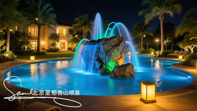 jimeng-2025-06-20-5337-這是一處夜間的公園水景景觀。畫面中心是一座以大塊仿真巖石打造的噴泉，巖石表面紋理....jpeg